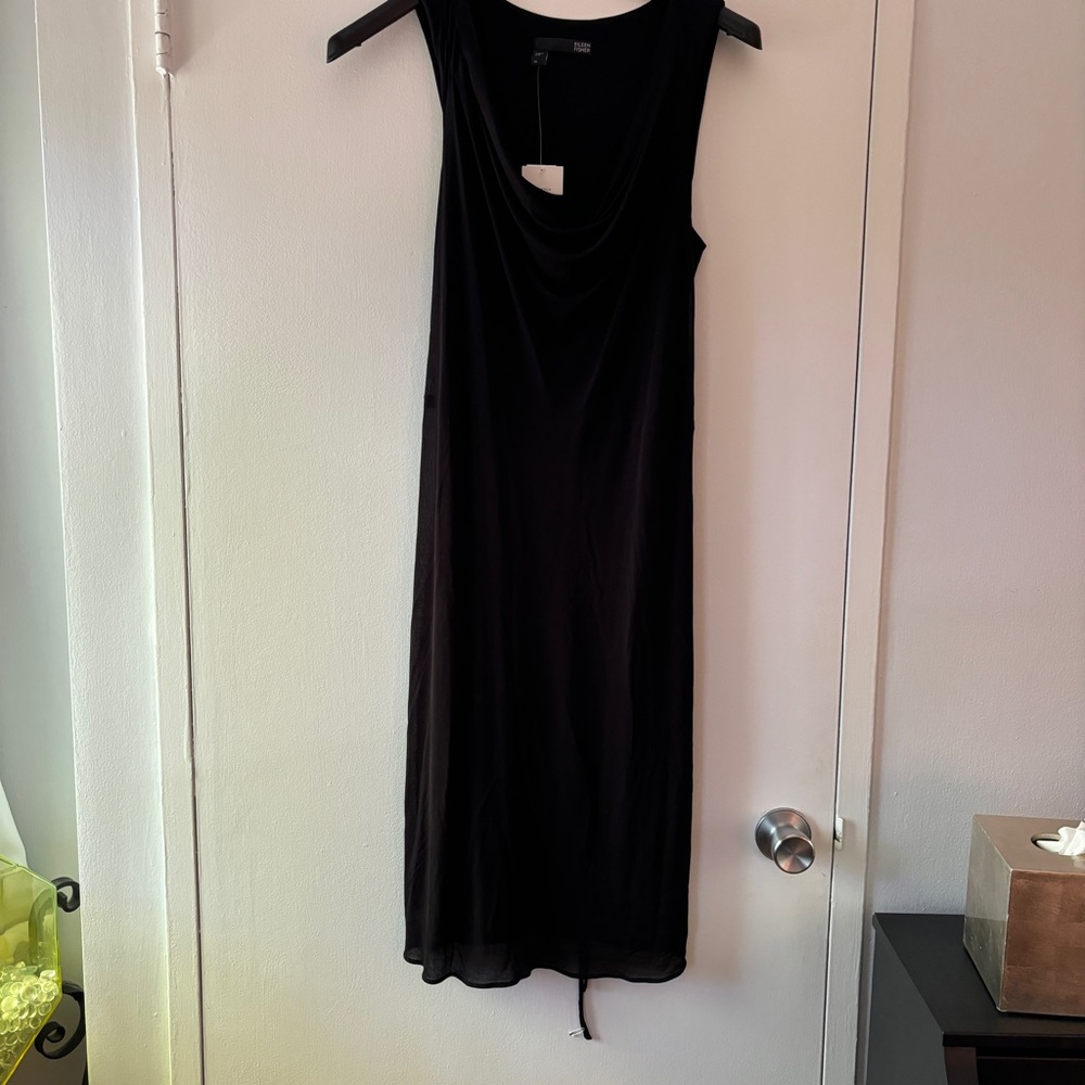 NWT Eileen Fisher Black Drape 100% Silk Dress - Size Large